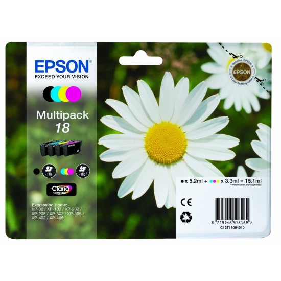 PACK DE 4 CARTOUCHES JET D'ENCRE ORIGINAL EPSON T1806 CMJN