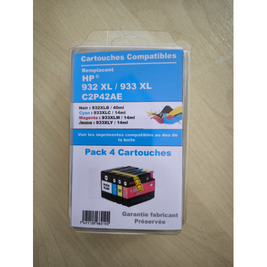 PACK 4 CARTOUCHES GENERIQUE HP C2P42AE / 932XL / 933XL / 1BK-1C-1M-1Y