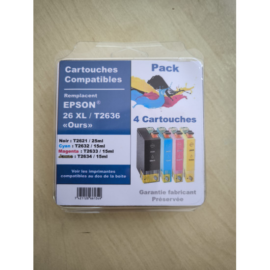 PACK 4 CARTOUCHES GENERIQUE EPSON T2636 / 26XL / BK/C/M/Y
