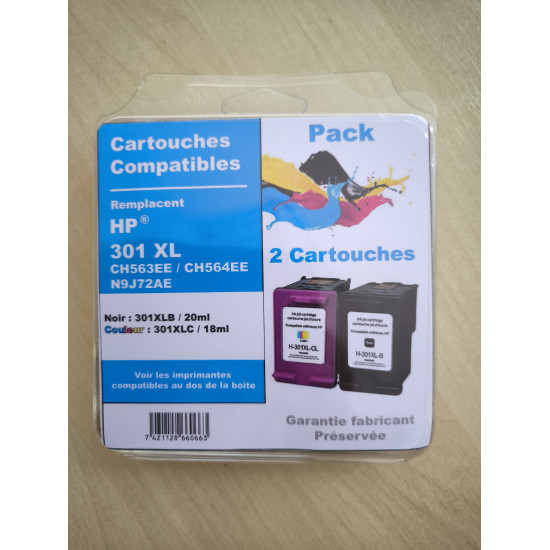 PACK DE 2 CARTOUCHES GENERIQUE HP 301XL / N9J72AE NOIR ET COULEUR