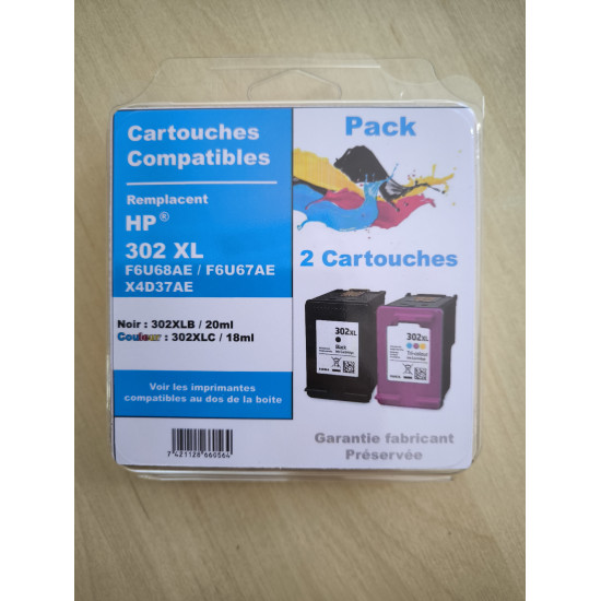 PACK DE 2 CARTOUCHES GENERIQUE HP 302XL / X4D37AE NOIR ET COULEUR