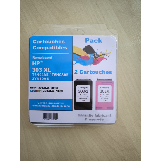 PACK DE 2 CARTOUCHES GENERIQUE HP 303XL / 3YN10AE NOIR ET COULEUR