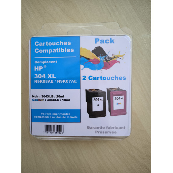PACK DE 2 CARTOUCHES GENERIQUE HP 304XL / 3JB05AE NOIR ET COULEUR