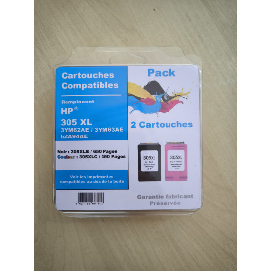 PACK DE 2 CARTOUCHES GENERIQUE HP 305XL / 6ZA94AE NOIR ET COULEUR