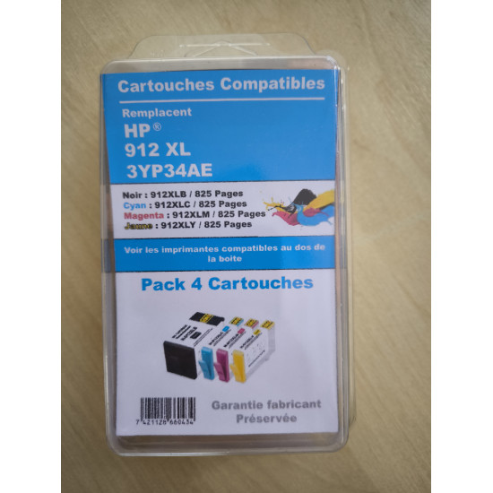 PACK 4 CARTOUCHES GENERIQUE HP 912XL / 3YP34AE / 1BK-1C-1M-1Y