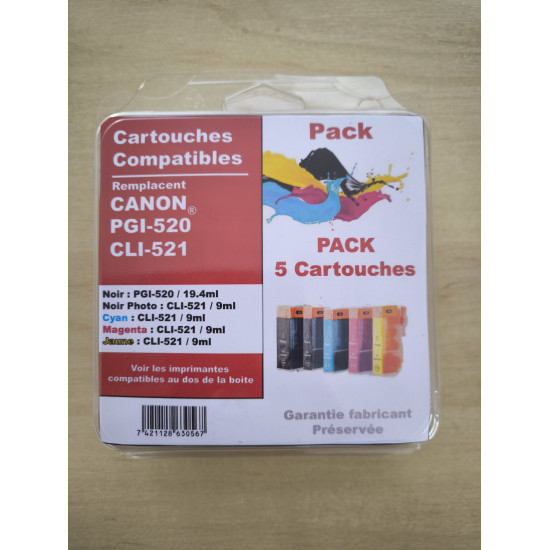 PACK DE 5 CARTOUCHES GENERIQUE CANON PGI520 / CLI521 (2BK-1C-1M-1Y)