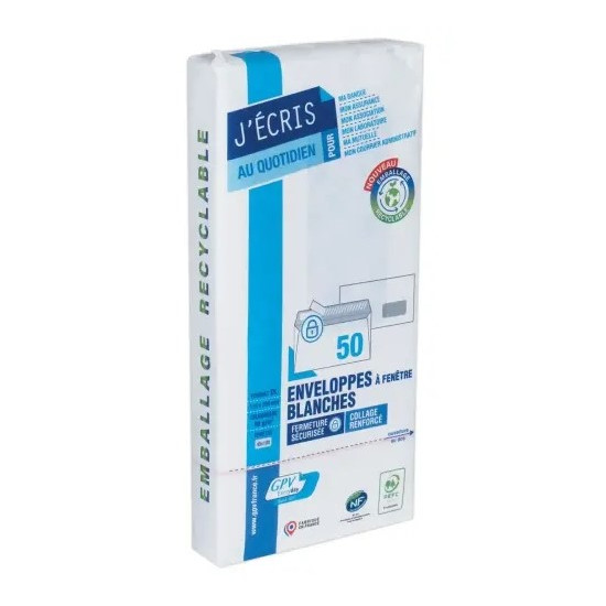 50 Enveloppes blanches bande siliconée - 110x220 - 80 g/m² - Fenêtre